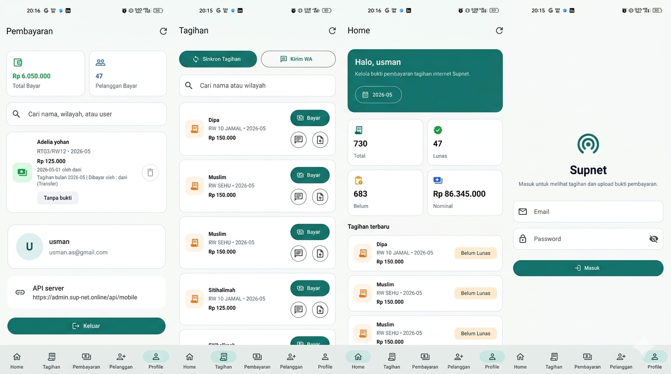 Sup.net application screens preview