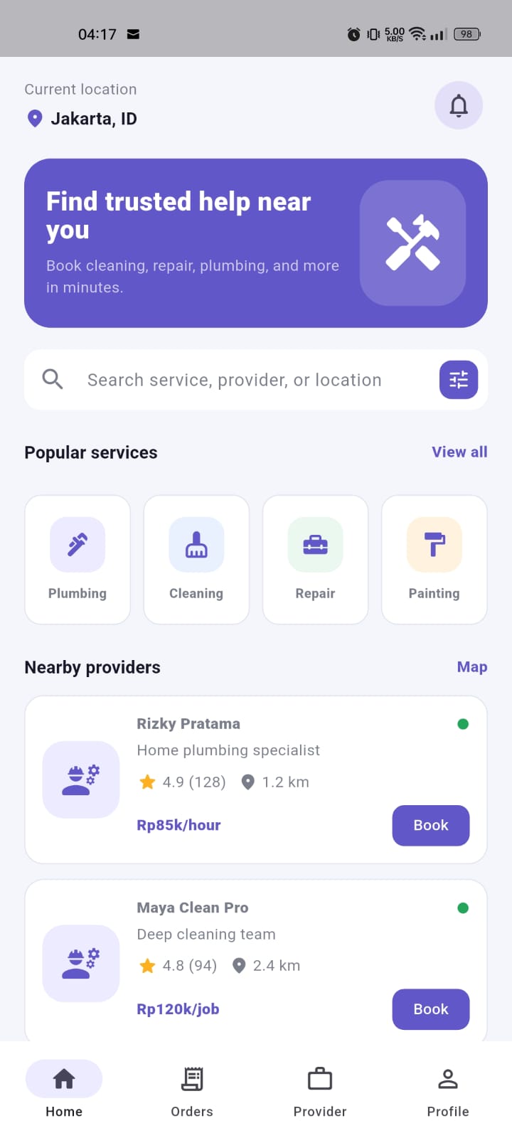 Handyman service home screen preview