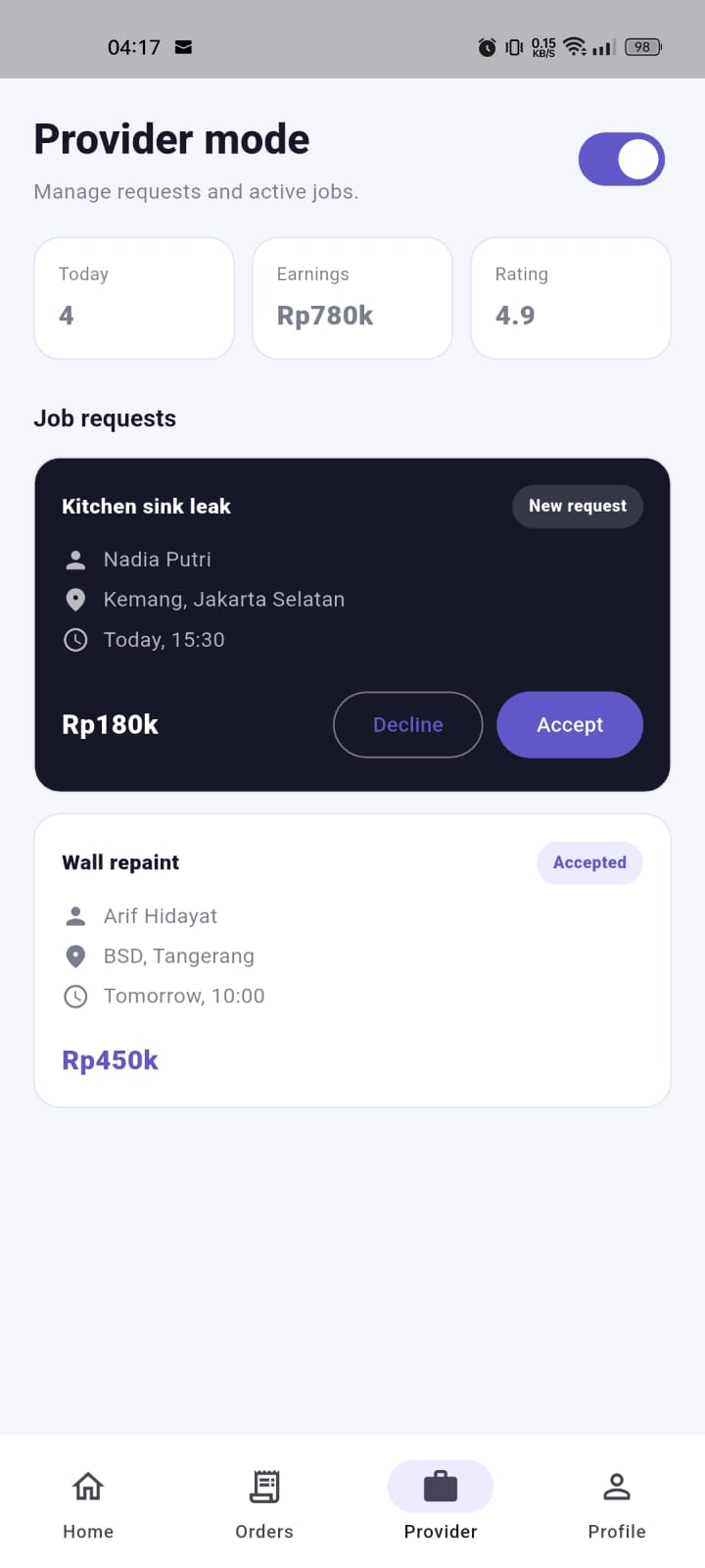 Provider mode mobile screen preview