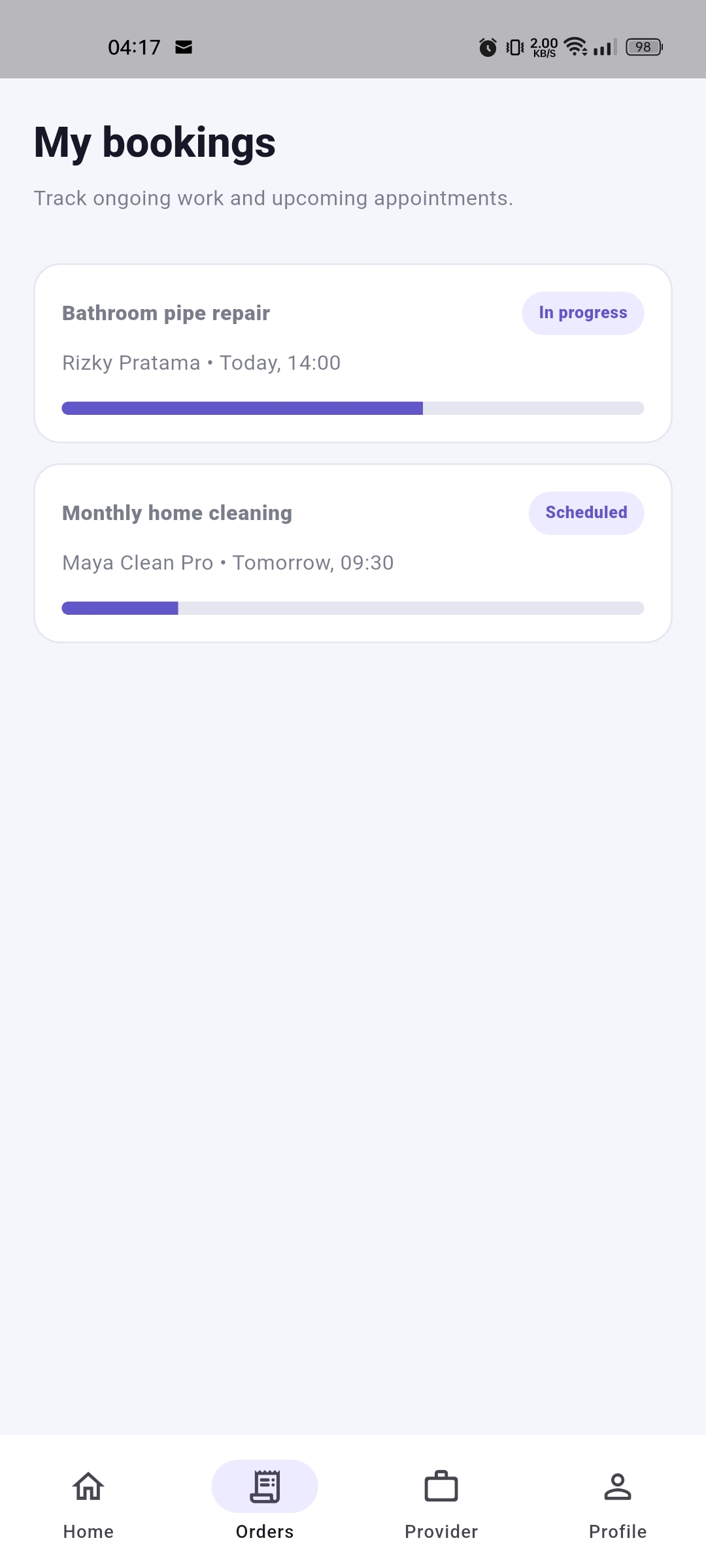 Booking management mobile screen preview