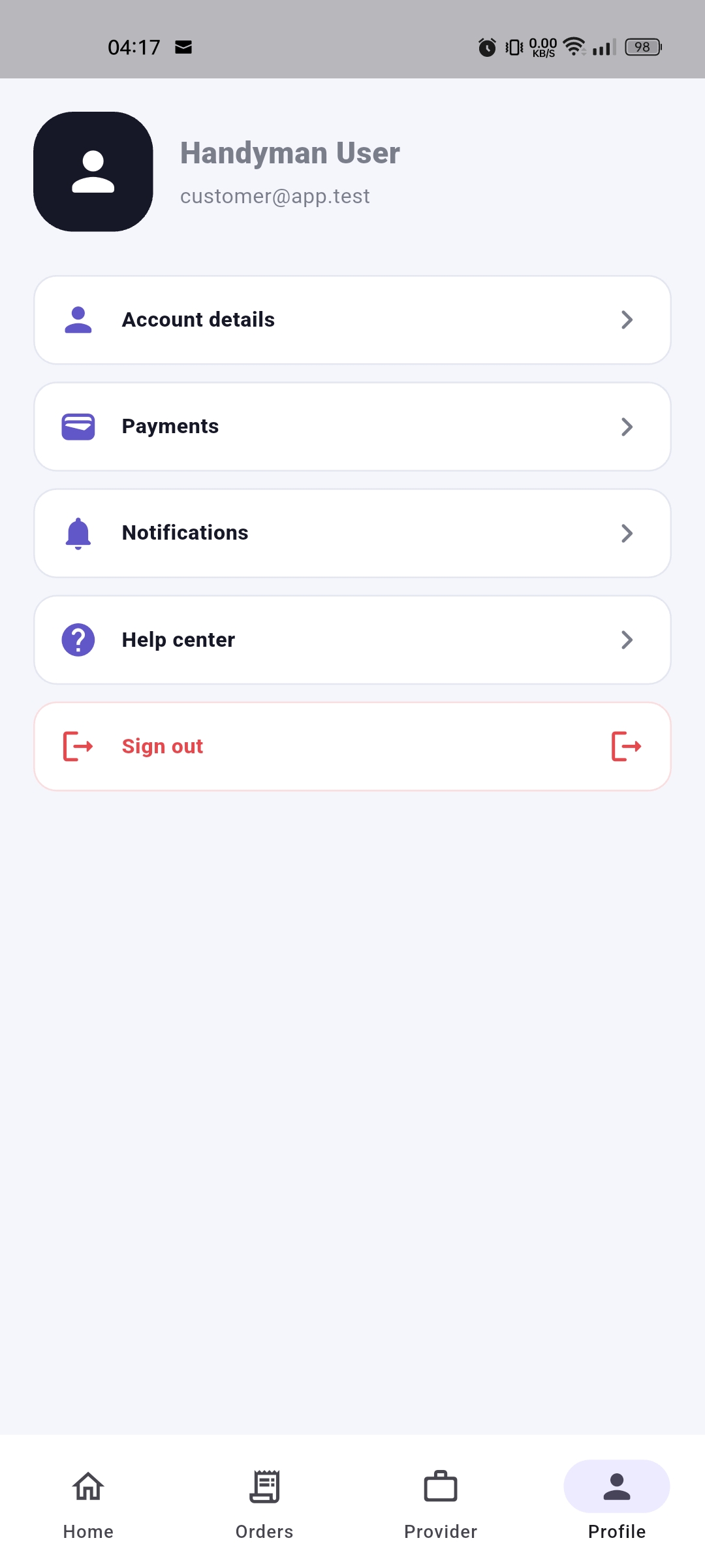Profile settings mobile screen preview